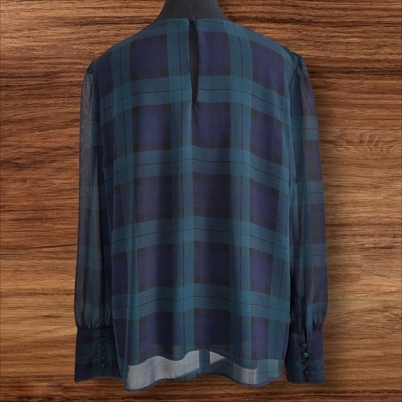 Cleo Blue and Green Plaid Blouse Keyhole Front And Sheer Sleeves With Cufffs Lrg - Picture 2 of 7